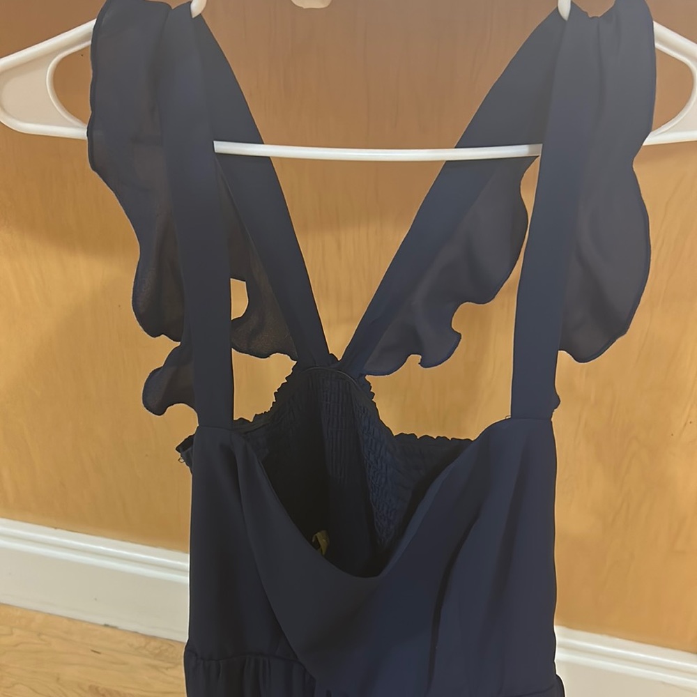 Chiffon ruffle strap navy maxi dress